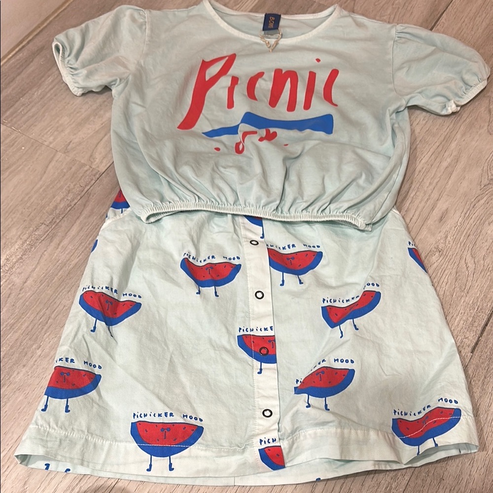 Kids Mint Picnic Graphic Pajama Set with Red & Blue Print